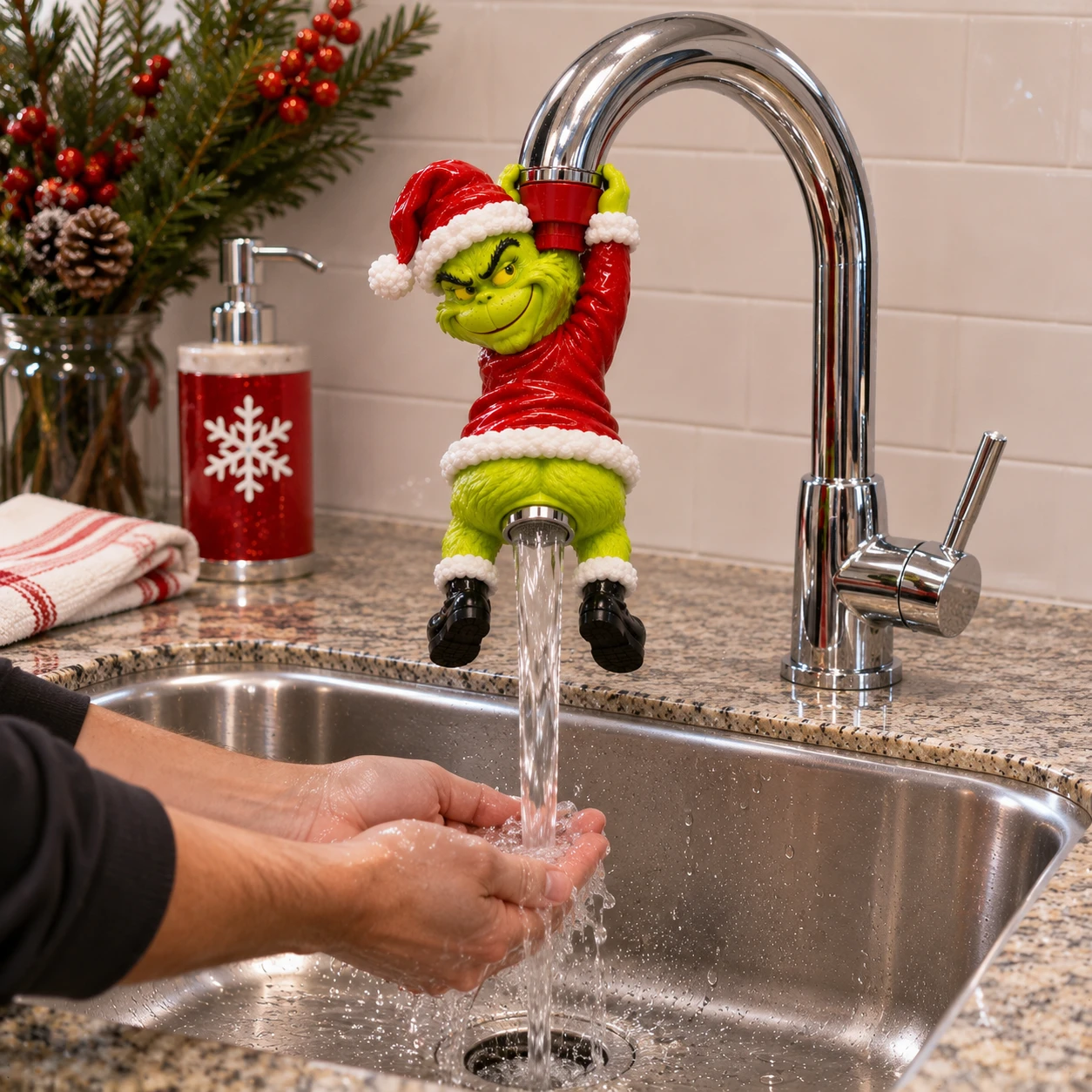 The Grump faucet buddy hanging from a kitchen faucet while someone washes their hands